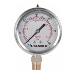 Manómetro con glicerina de 0 – 60 Psi marca ALTAMIRA, caratula de 2.5?, conexión inferior en rosca macho 1/4? NPT
